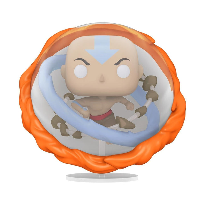 Funko Pop! 6-inch vinyl figure of Aang in Avatar State surrounded by elements of air, water, earth, and fire on a white background.
