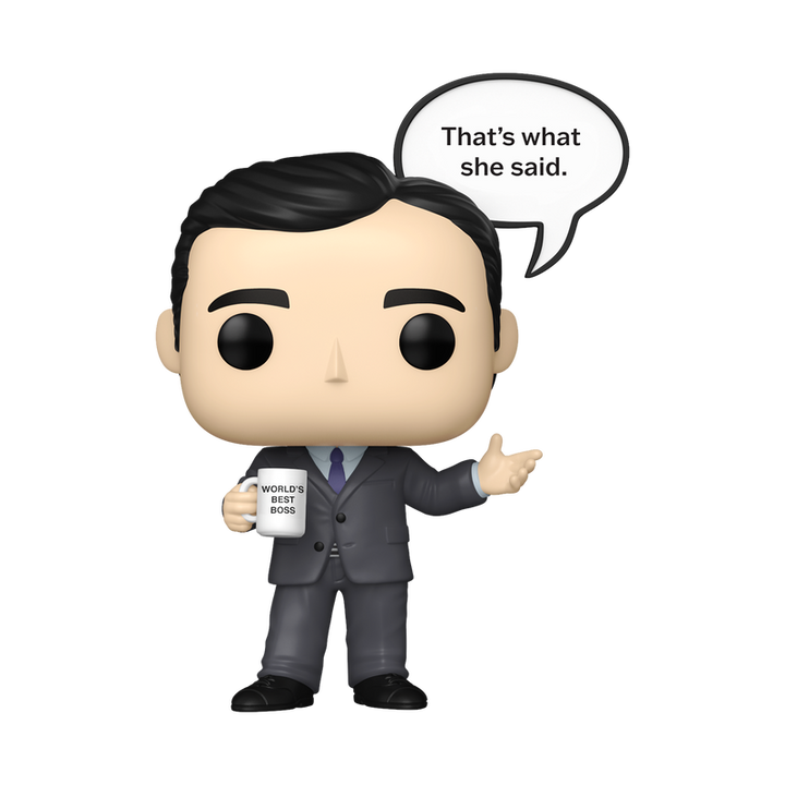 Funko Pop! vinyl figure of Michael Scott holding “World’s Best Boss” mug with speech bubble on a white background.