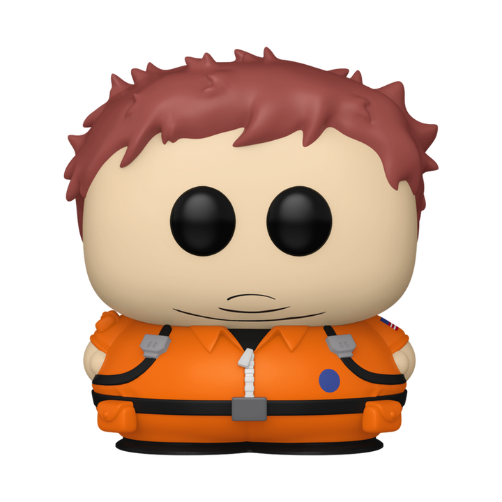 Funko Pop! vinyl figure of Cartman in orange exterminator suit on a white background.
