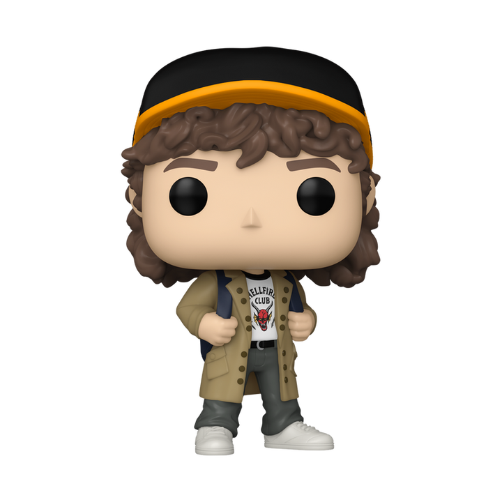 Funko Pop! vinyl figure of Dustin Henderson in Hellfire Club shirt and cap on a white background.