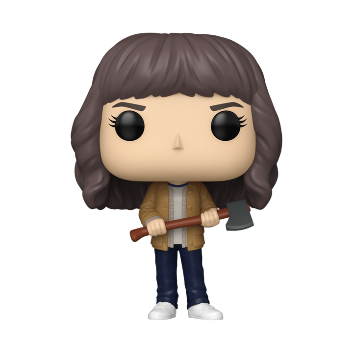 Funko Pop! vinyl figure of Joyce Byers holding an axe in brown jacket on a white background.
