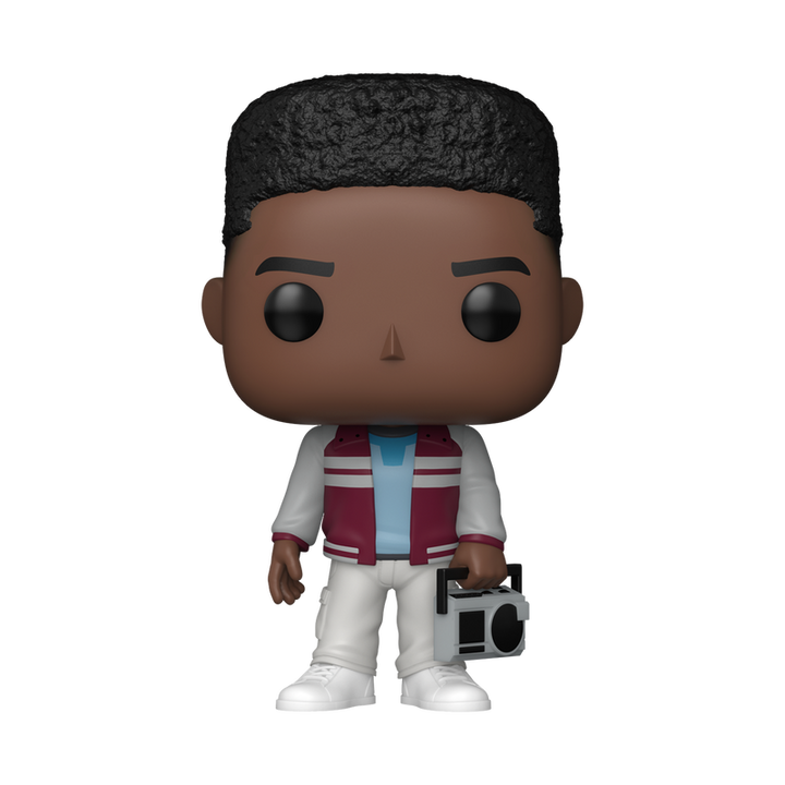 Funko Pop! vinyl figure of Lucas Sinclair holding boombox in retro outfit on a white background.