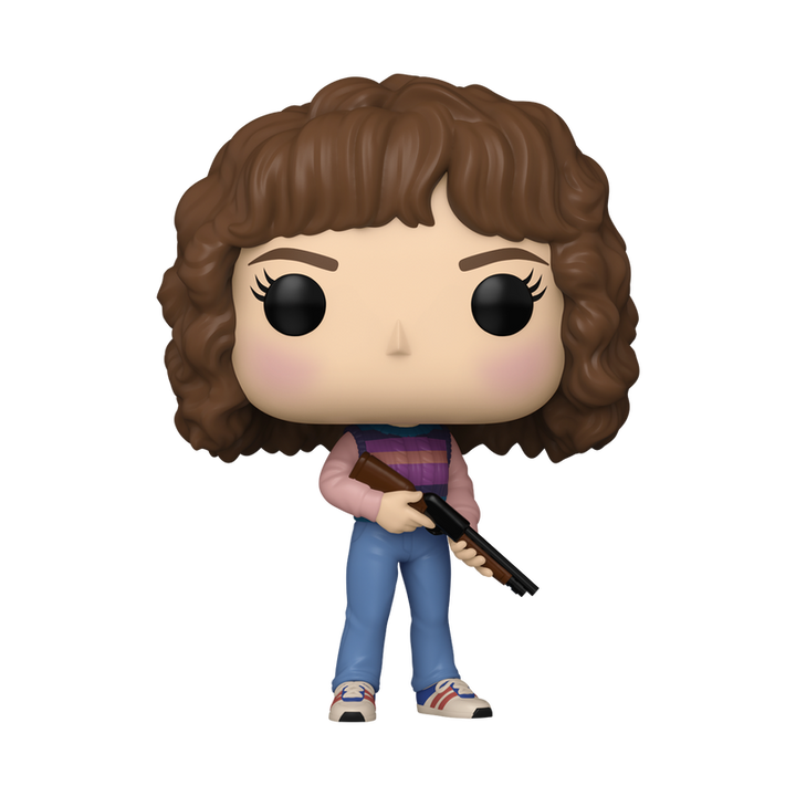 Funko Pop! vinyl figure of Nancy Wheeler holding a gun in retro outfit on a white background
