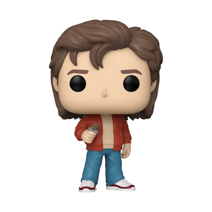 Funko Pop! vinyl figure of Steve Harrington in red jacket holding a weapon on a white background.