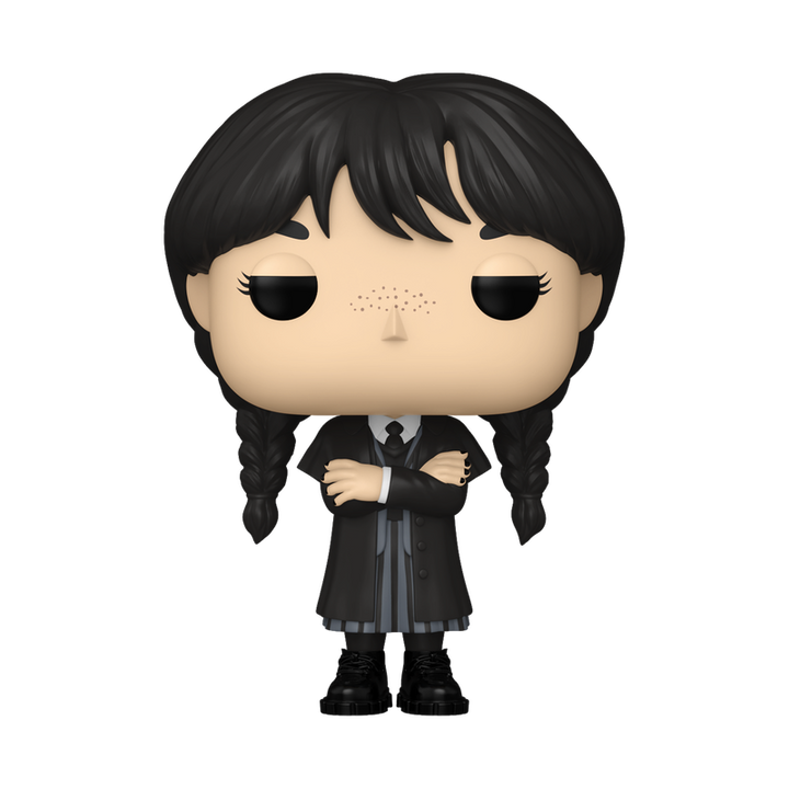 Funko Pop! vinyl figure of Wednesday Addams wearing black coat with crossed arms on a white background.