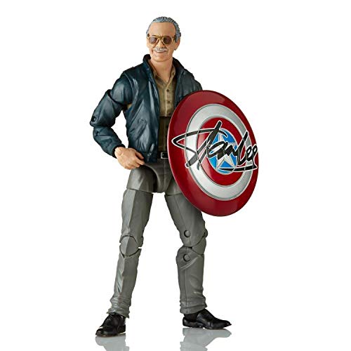 Action figure of Stan Lee holding a shield with a logo on a white background