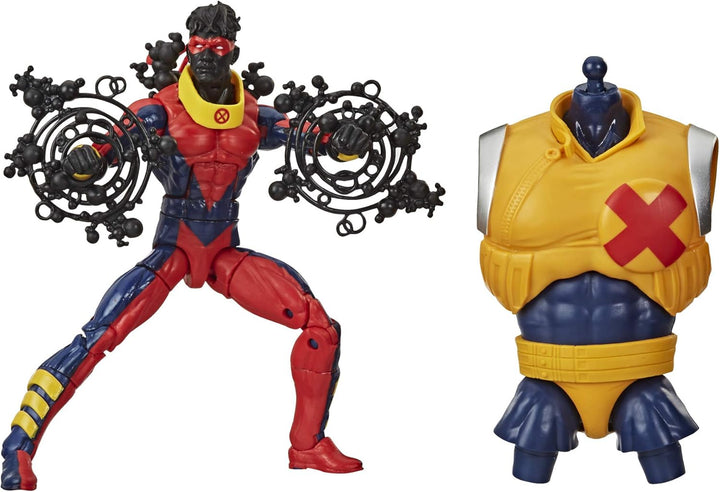 Action figure with a yellow and blue torso and red 'X' symbol, standing next to a separate yellow and blue torso with a red 'X' symbol.