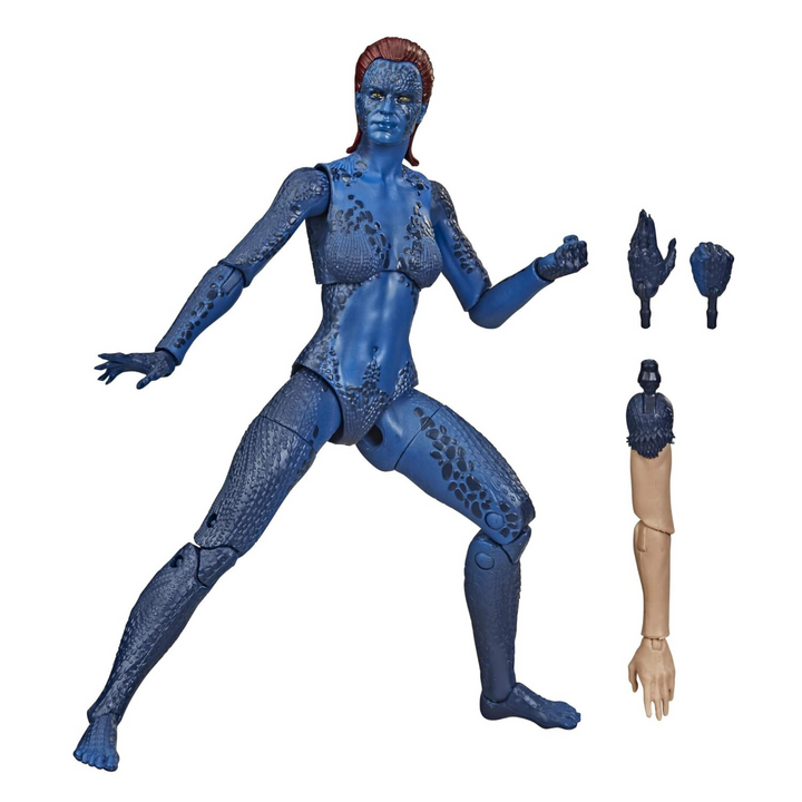 Blue superhero action figure with interchangeable parts on a white background