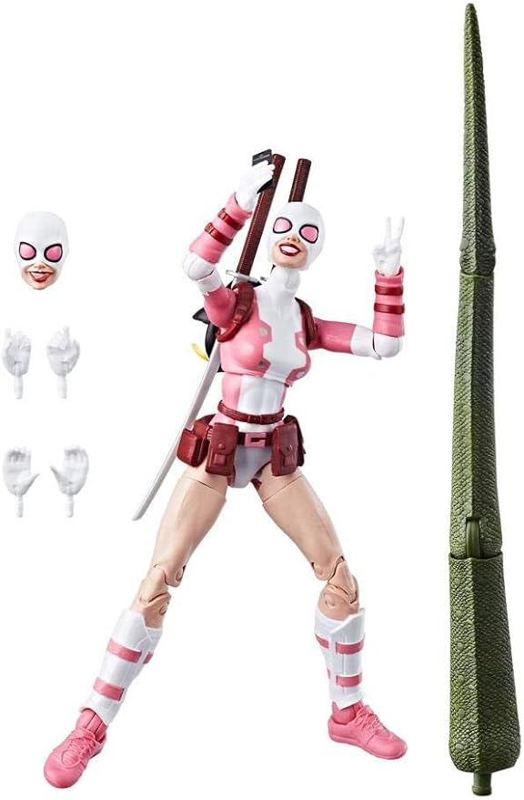 Action figure of Gwenpool in pink and white costume with accessories on a white background