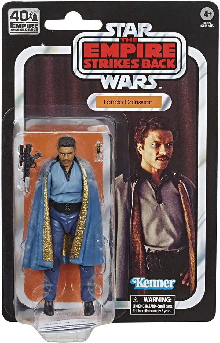 Lando Calrissian action figure packaging from 'Star Wars: The Empire Strikes Back' with Lando and Han Solo images on a brown background.