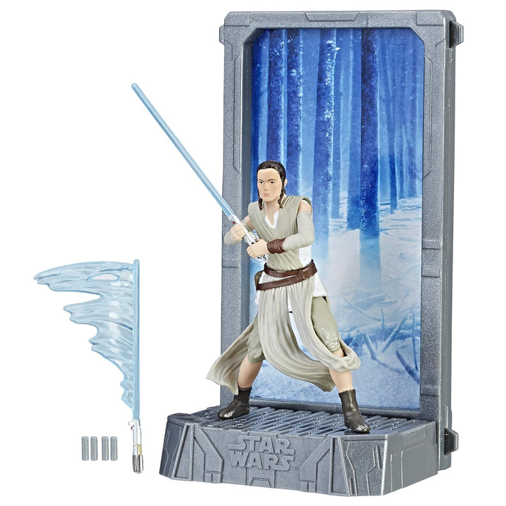 Star Wars figure with lightsaber on a stand with a forest background