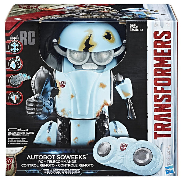 Transformers RC toy figure packaging with Autobot Sqweeks on a black background