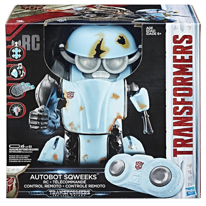 Transformers RC toy figure packaging with Autobot Sqweeks on a black background
