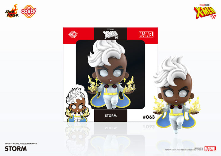 Hot Toys Cosbi Storm figure from X-Men '97, featuring lightning effects, white costume, and display box, approximately 3.5 inches tall.