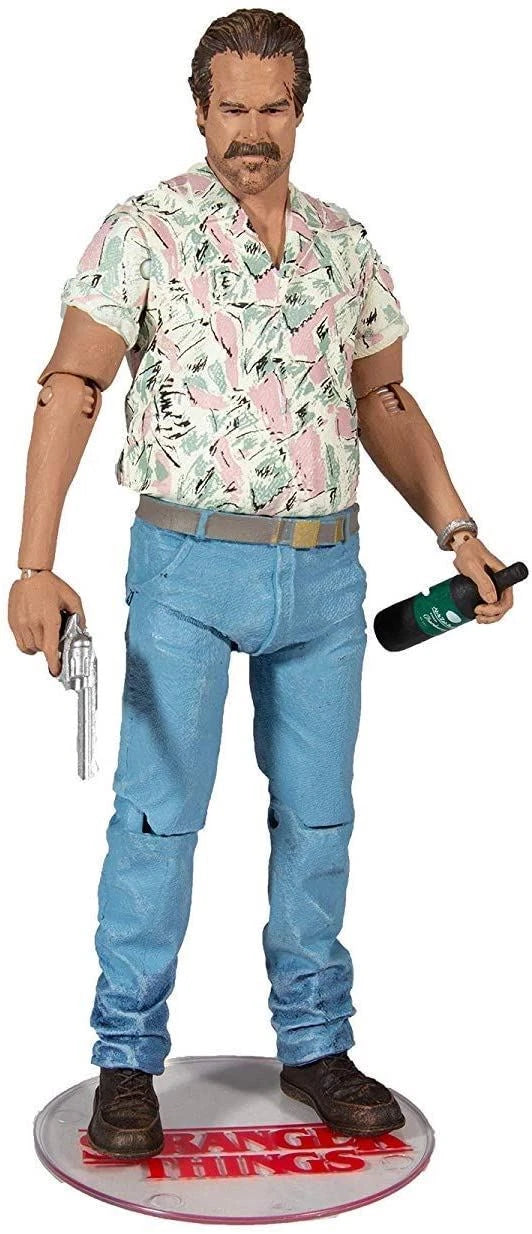 Action figure of a character from 'Stranger Things' holding a bottle and gun on a white background