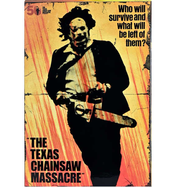 Poster of 'The Texas Chainsaw Massacre' with a silhouette holding a chainsaw against a yellow background.