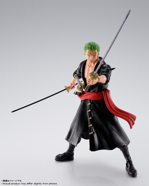 Dynamic pose of Zoro mid-attack with two swords raised on a white background