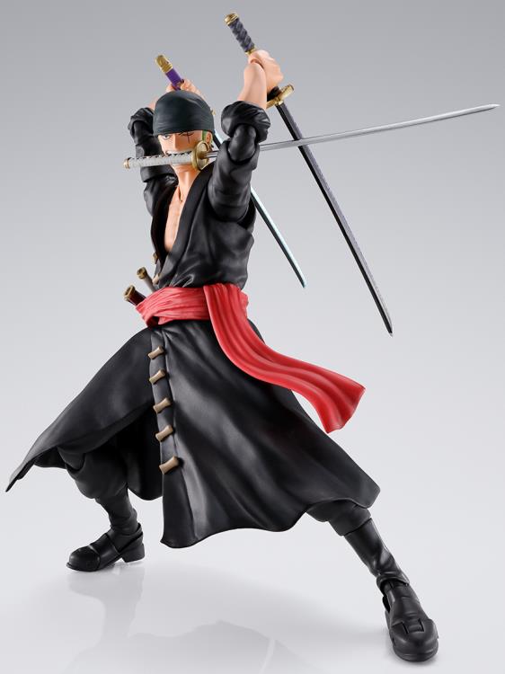 Zoro figure in three-sword stance wearing bandana, ready to strike on a white background