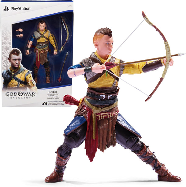 Atreus action figure in archery stance with packaging in the background on a white backdrop.