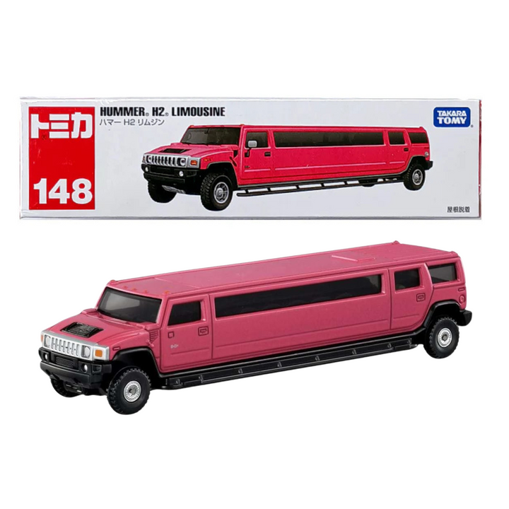 Tomica No.148 Hummer H2 Limousine pink diecast car with Japanese Takara Tomy box, featuring stretch design and detailed finish.