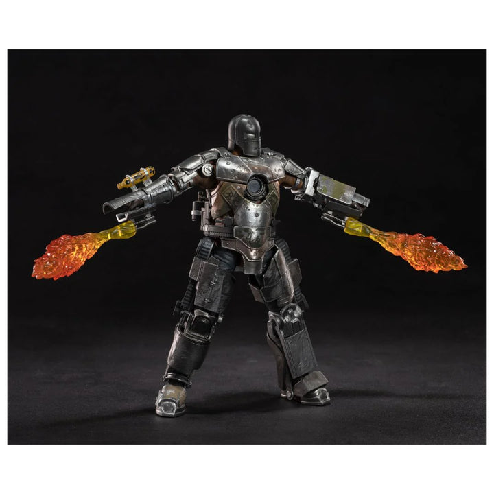 Mechanical figure with flame-thrower weapons on a black background