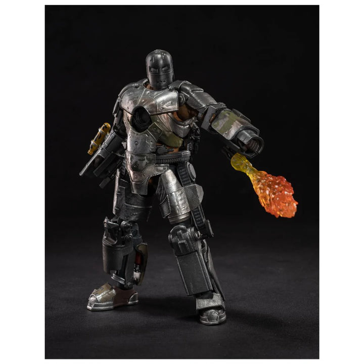 Mechanical figure with a flame-throwing weapon on a black background