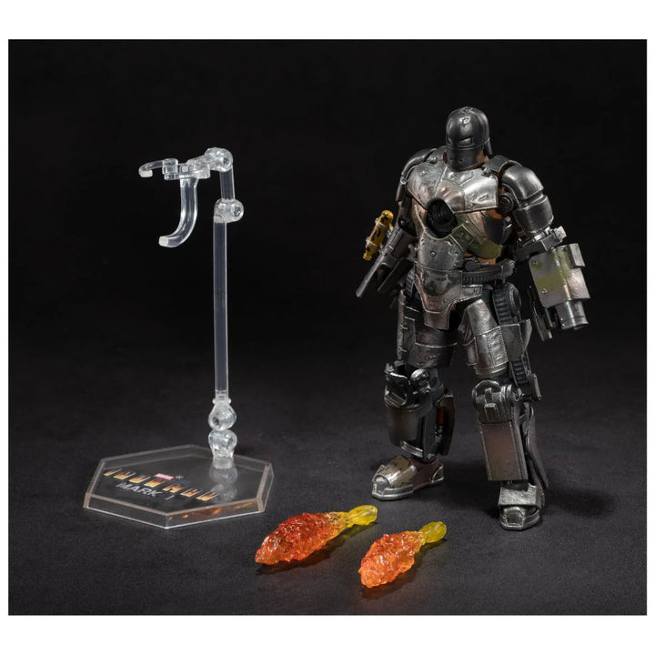 ZD Toys Marvel Iron Man Mark-1 action figure with accessories and stand on a black background.