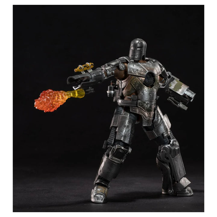  Iron Man Action figure with a weapon emitting flames on a black background