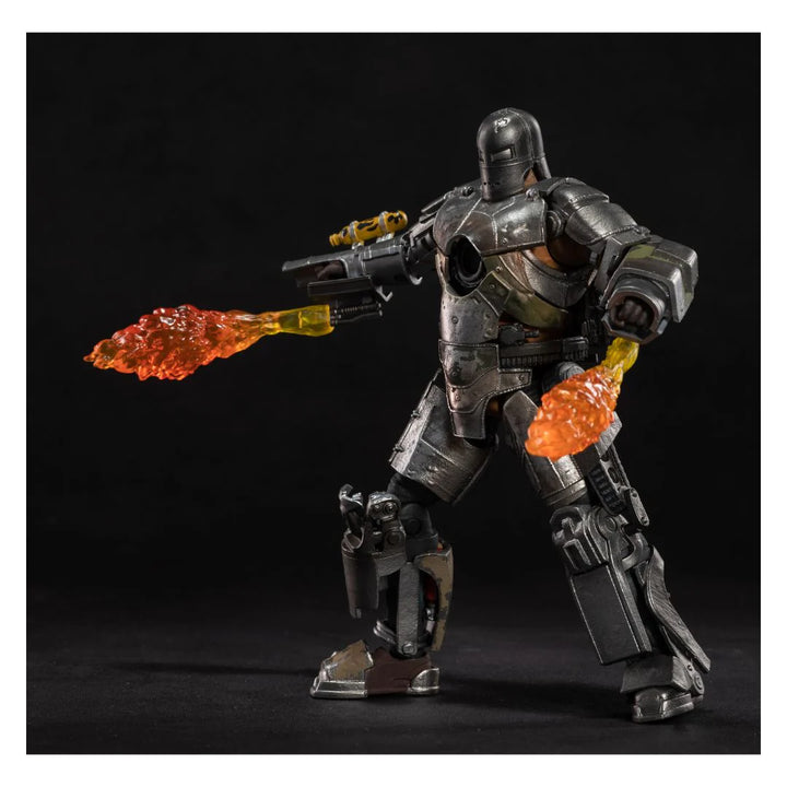 Mechanical figure with flamethrowers on a black background