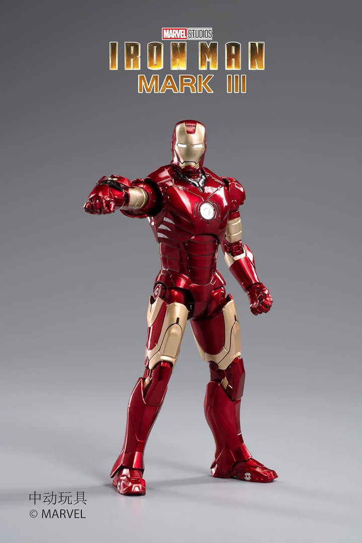 Red and gold Iron Man Mark III figure on a gray background with Marvel branding.