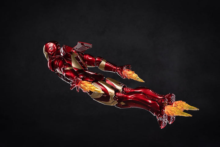 Red and gold mechanical arm with flame effects on a dark background