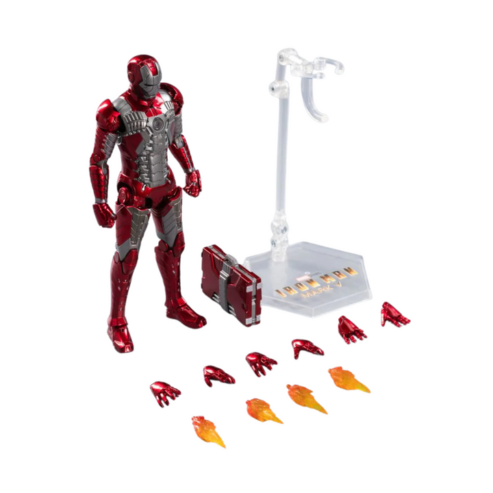 Red and silver action figure of Iron Man with accessories on a white background