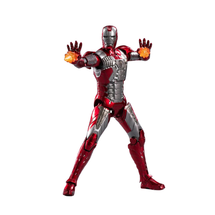Red and silver superhero figure with glowing orange hands on a white background