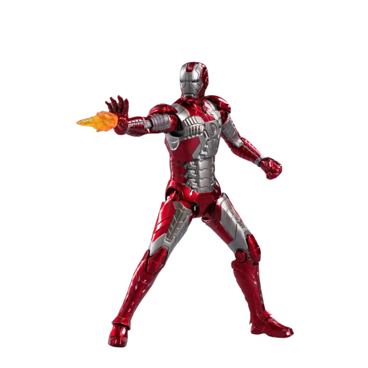 Red and silver superhero action figure  of Iron Man on a white background