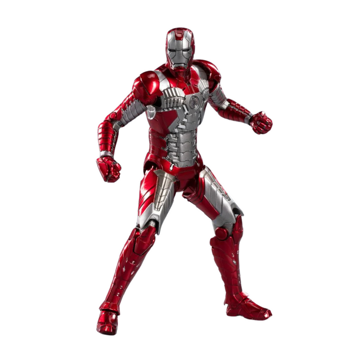 Red and silver superhero figure of Iron Man on a white background