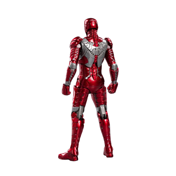 Red superhero suit with metallic accents on a white background
