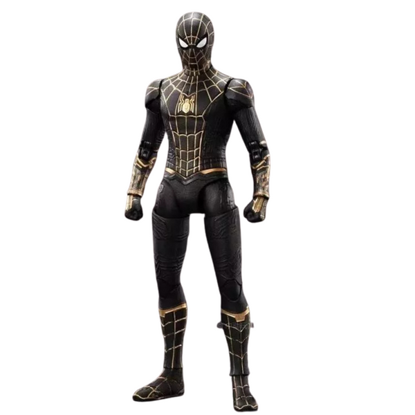 Black and gold superhero suit on a white background