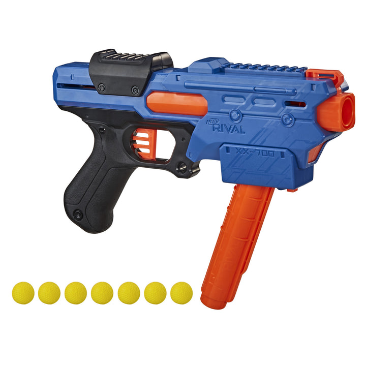 NERF Rival Finisher XX-700 Blaster, Quick-Load Magazine, Spring Action, Includes 7 Rounds, Team Blue